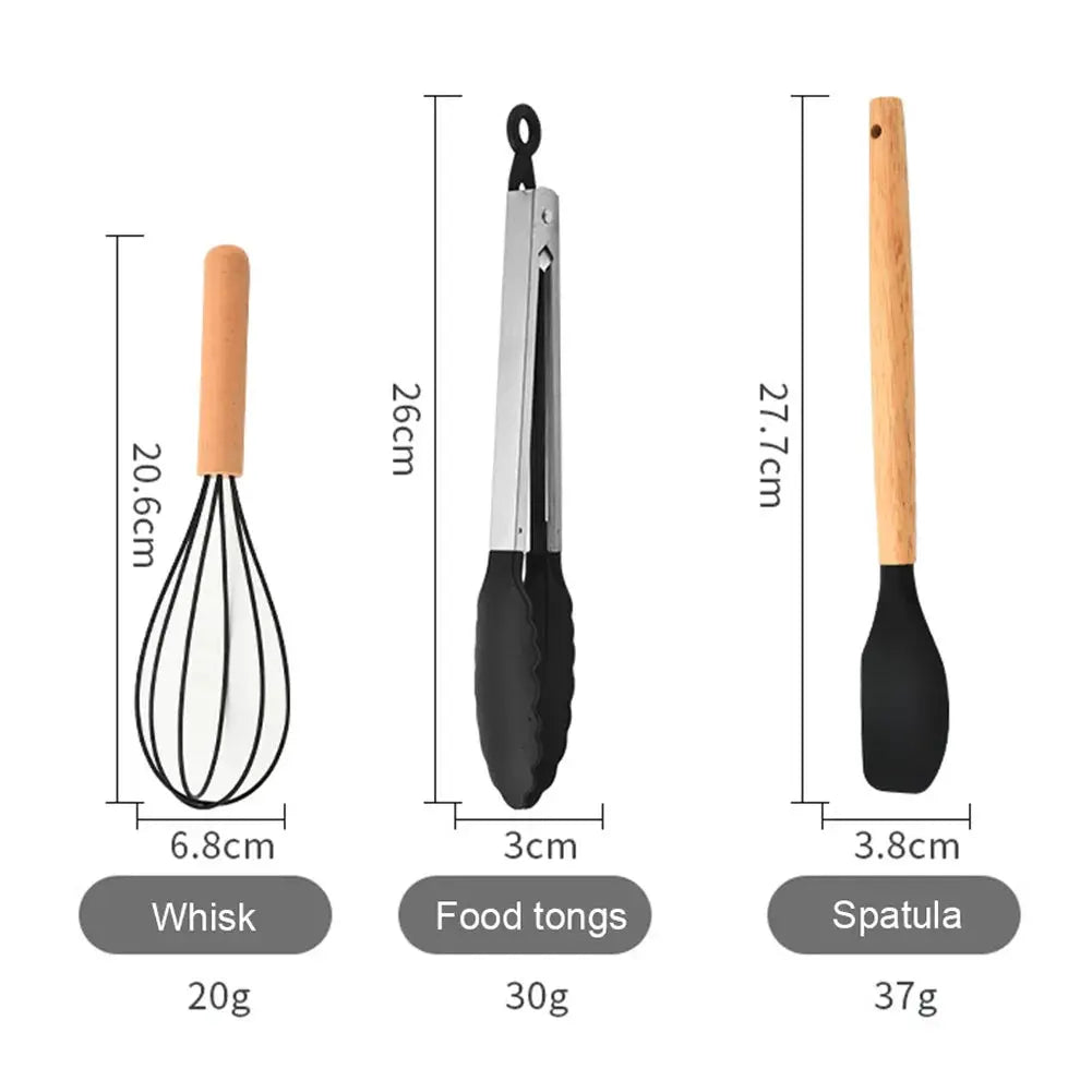 12PCS Silicone Kitchenware Non-Stick Cookware Kitchen Utensils Set Spatula Shovel Spoon Brush Whisk Wooden Handle Cooking Tool from PriceLows™