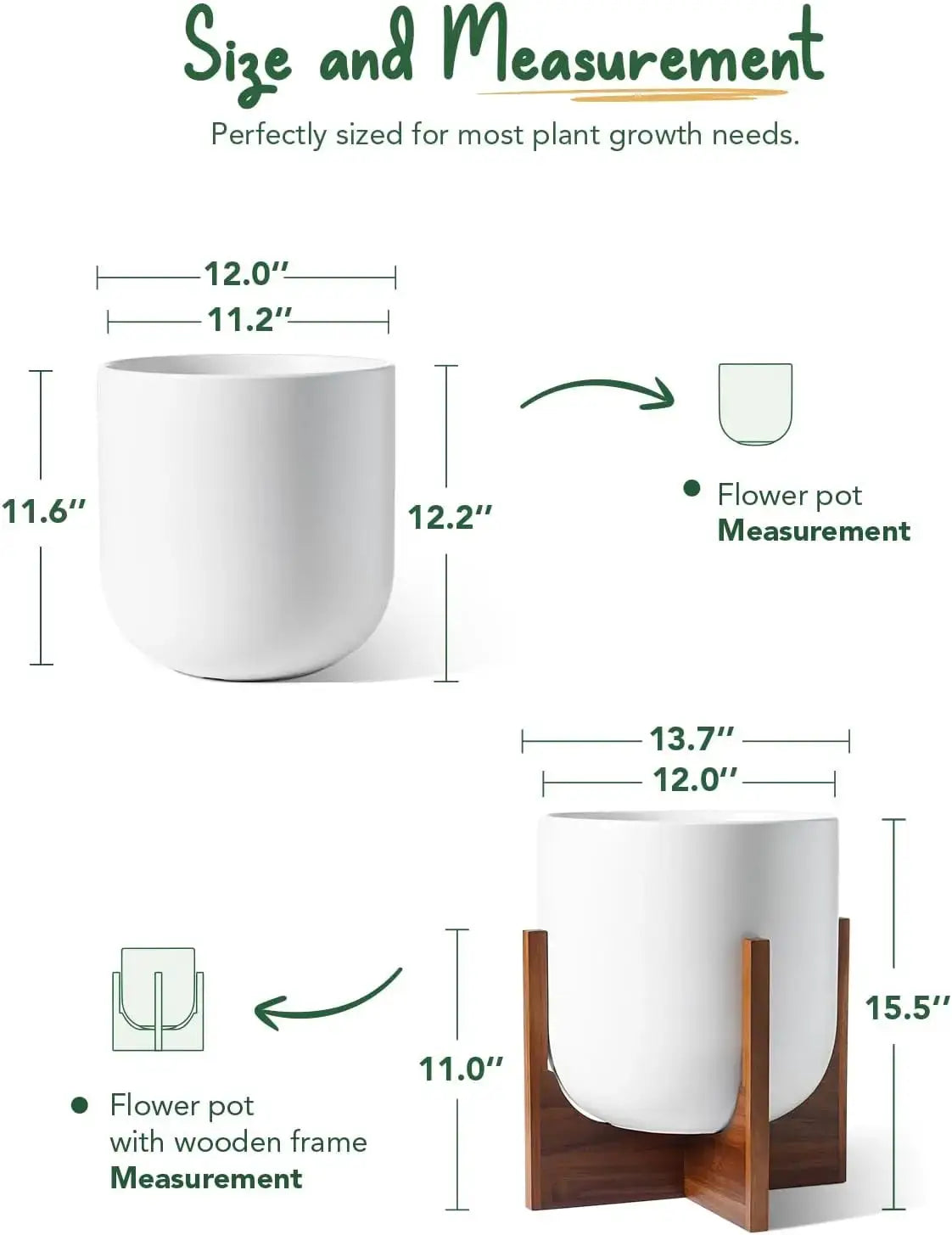 12 Inch Ceramic Plant Pot with Acacia Wood Stand, White Cylinder Planter with Drainage Hole, Indoor Planters for Living Room Office from PriceLows™
