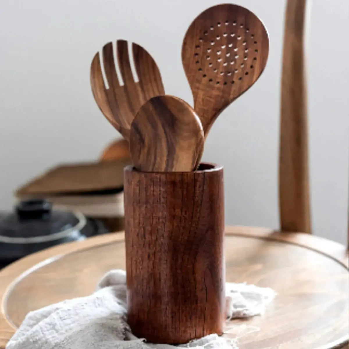 Wooden Kitchen Utensils | Natural Finish | Storage Bucket Included | 5 Piece