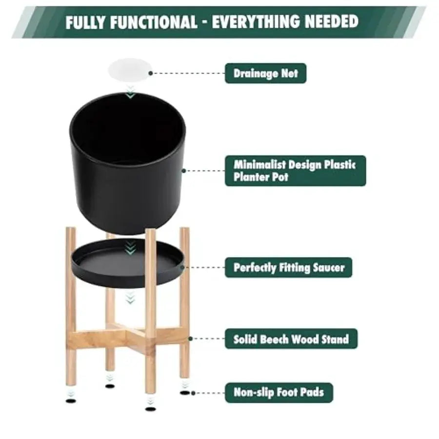 12 Inch Plastic Cylinder Planter Pot with Wooden Stand for Indoor Use Matte Black Pot + Natural Wood Holder Modern Decorative F from PriceLows™
