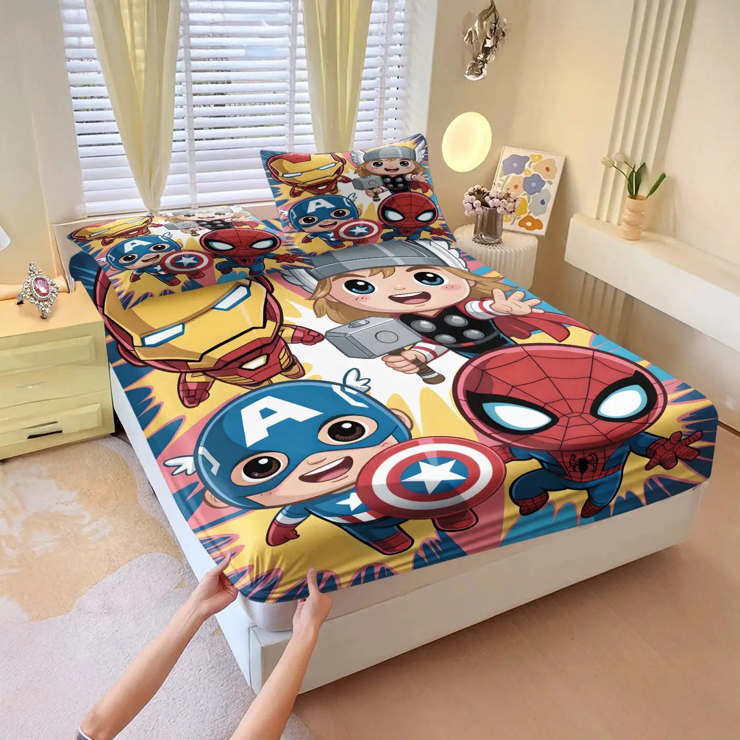 3Pcs Chibi Marvel Fitted Sheet Set with Pillowcases, Soft Deep Pocket Cartoon Print Mattress Cover for Kids Boys Girls Bedroom from PriceLows™