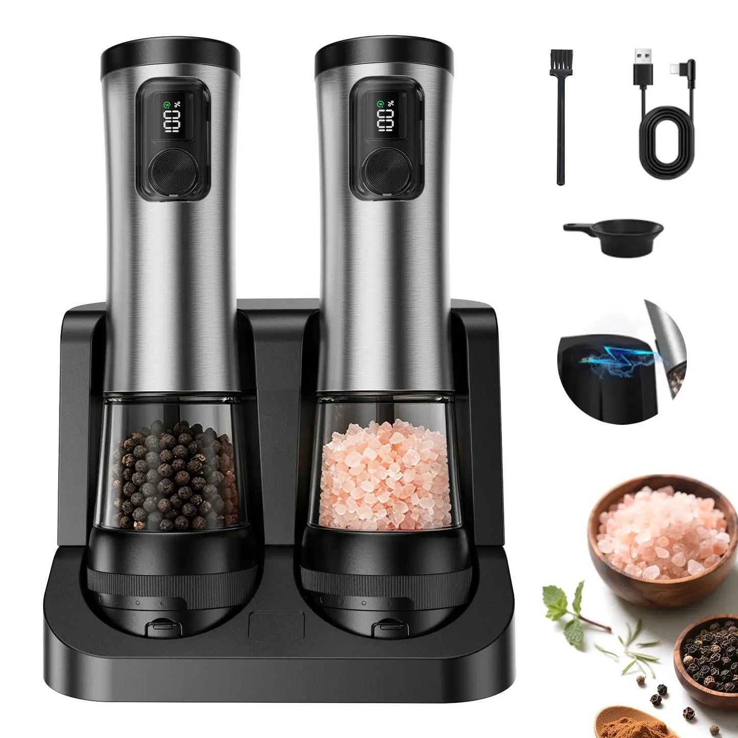 Automatic Salt And Pepper Grinder Set | Rechargeable Base | LED | 2-Piece Set