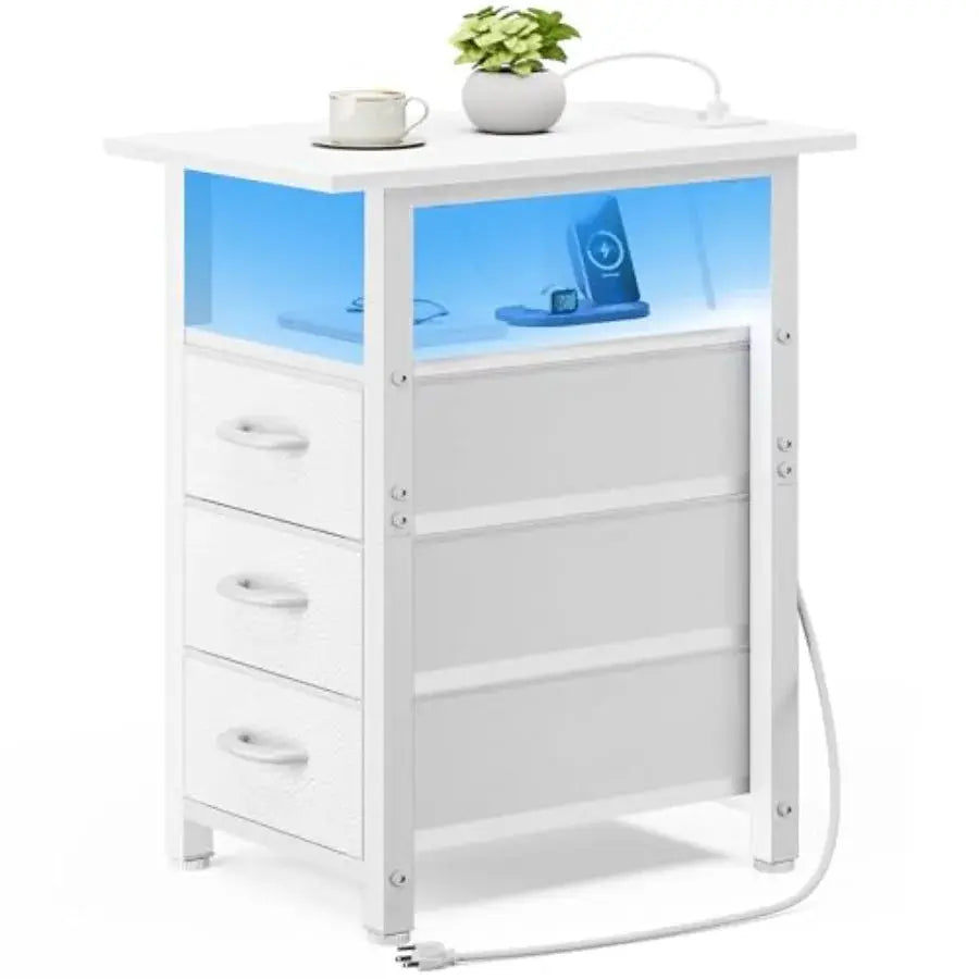 Nightstand with Charging Station and LED Lights, Narrow End Table, LED Nightstand with 3 Fabric Drawers for Bedroom, Small Beds from PriceLows™