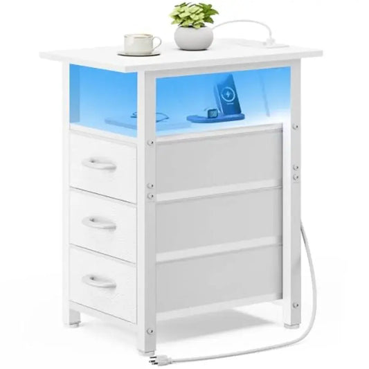 Nightstand with Charging Station and LED Lights, Narrow End Table, LED Nightstand with 3 Fabric Drawers for Bedroom, Small Beds from PriceLows™