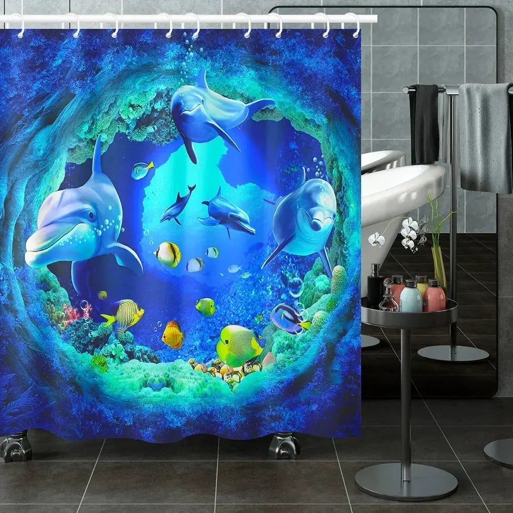Ocean Underwater World Shower Curtains Set Dolphin Animal Cheerful Marine Life Scenery Polyester Fabric For Kids Bathroom Decor from PriceLows™
