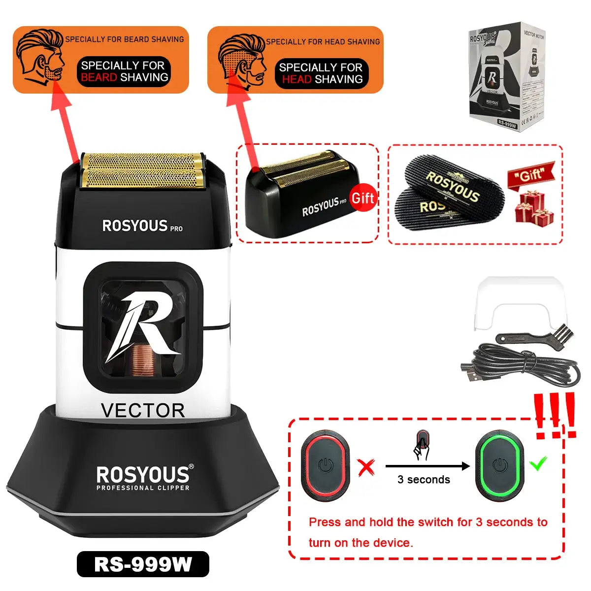 Men's Electric Shaver | 999W Motor | Dual Foil Head | Rechargeable