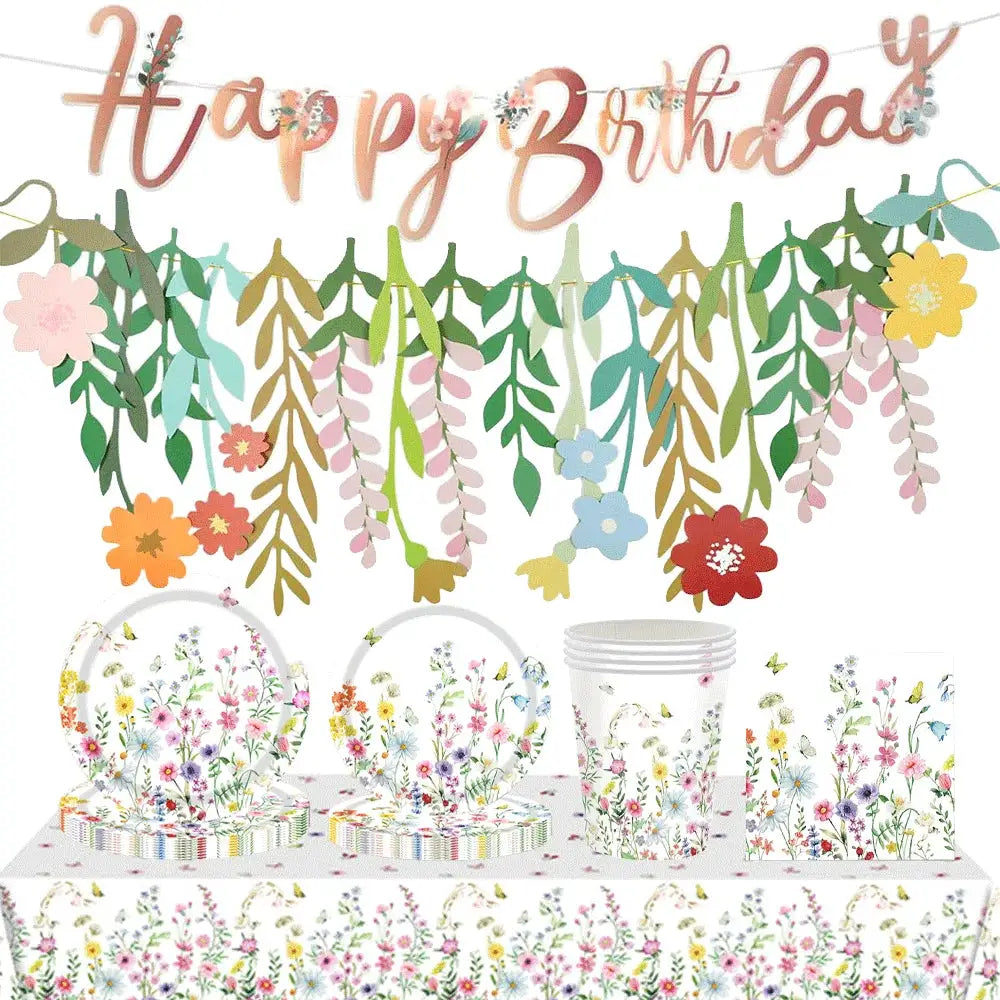 Wildflower Party Supplies | Spring Flower Banner And Plates | Napkins And Balloons