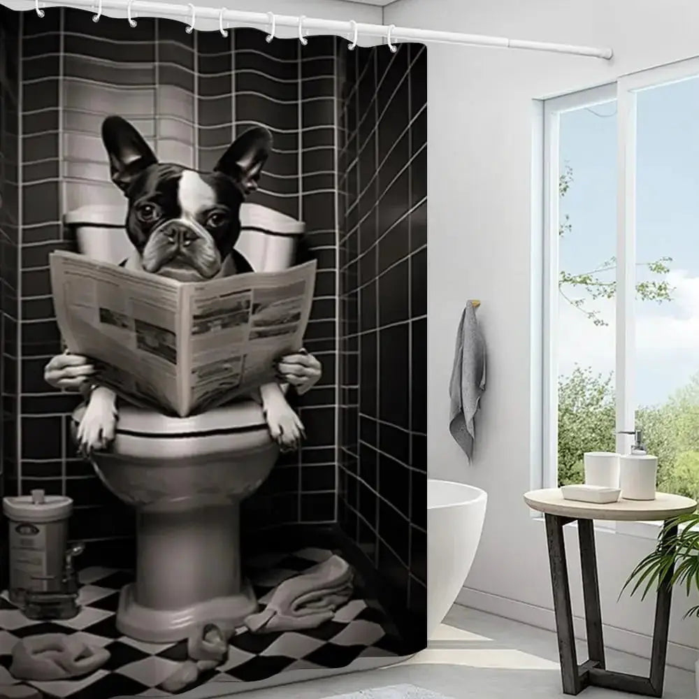 Funny Boxer Dog Bath Shower Curtain,Cute Dogs Reading Newspaper on Toliet Bathroom Curtain Washable Cloth Kids Shower Curtain from PriceLows™