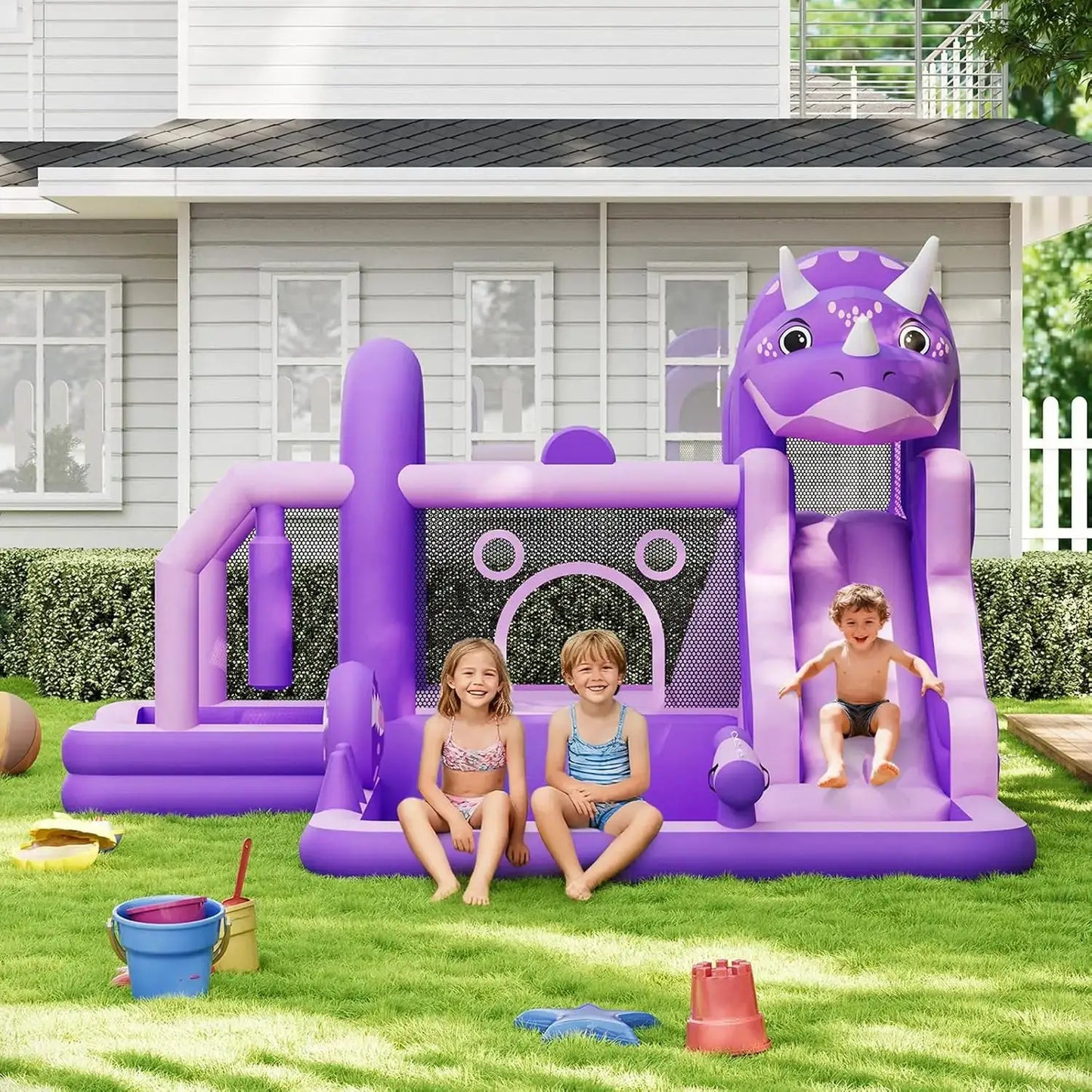 Large Inflatable Bounce House with Water Slide,Dinosaur Themed Jumping Castle for Kids Indoor/Outdoor Backyard,Fun-Quick Setup from PriceLows™