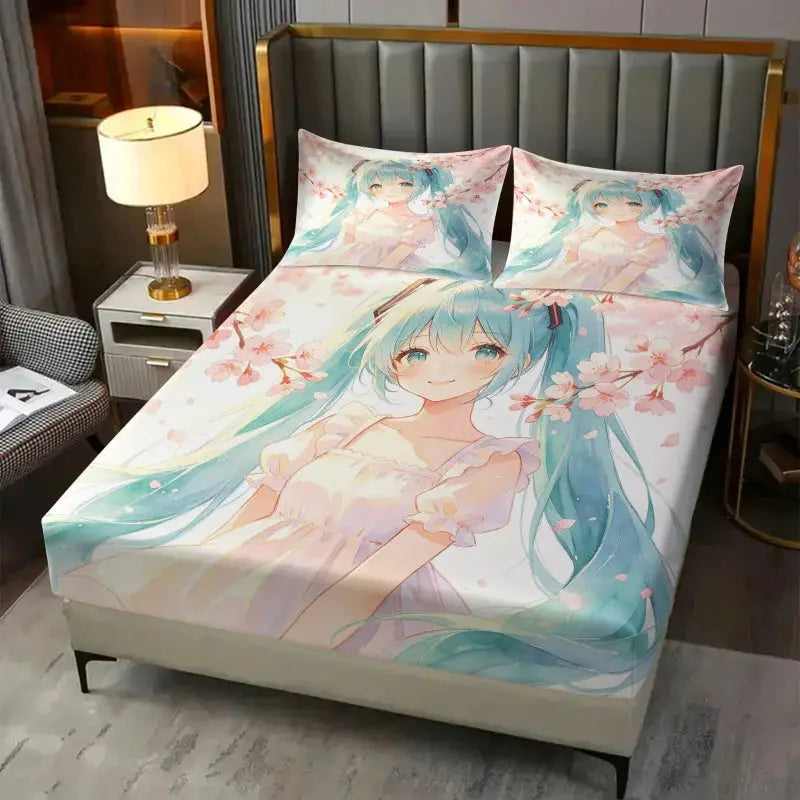 3Pcs Hatsune Miku Sakura Cherry Blossom Fitted Sheet Set Watercolor Anime Bed Cover with Pillowcases Teens Fans Room Decor Gift from PriceLows™