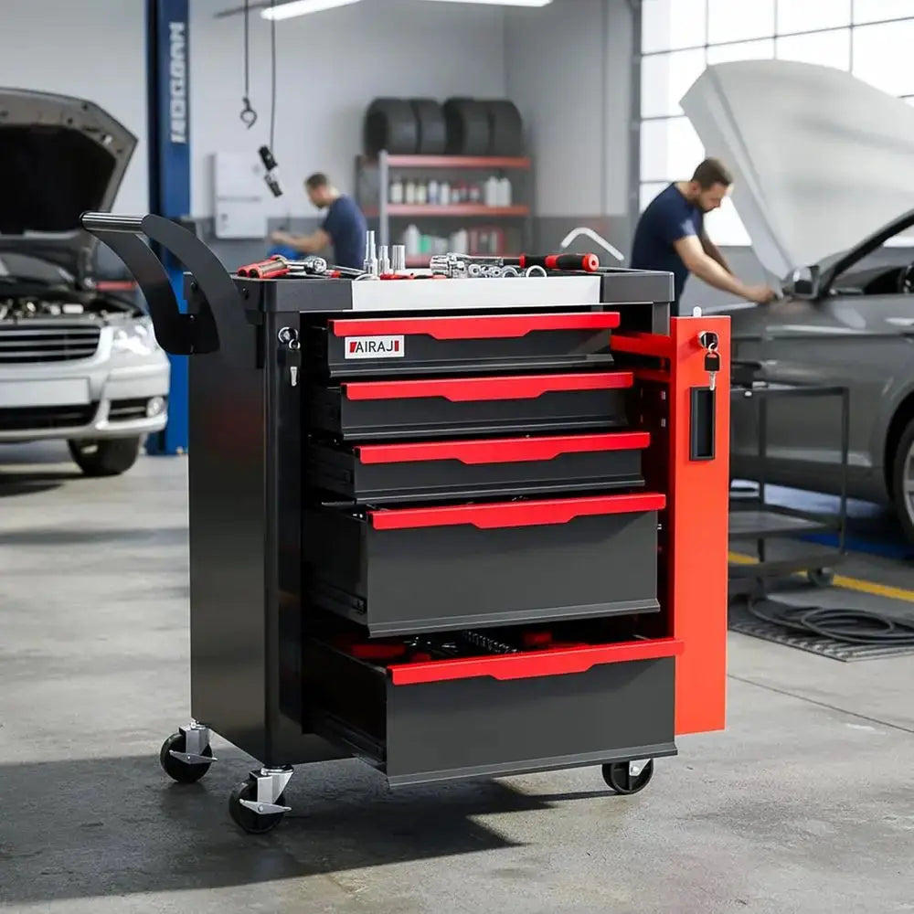 5 Drawer Rolling Tool Chest with Side Cabinet, Lockable, Garage Storage, Safety Rounded Edges, Red from PriceLows™