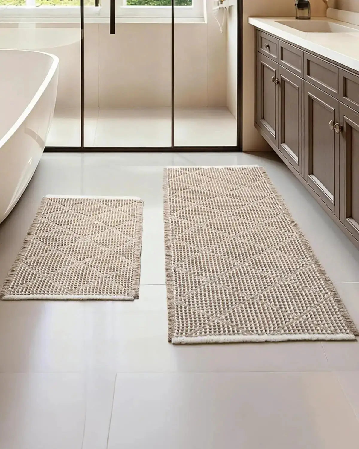 Waffle Bath Mat Set 2 Piece, Non Slip Bathroom Rugs, Ultra Absorbent Machine Washable Floor Mats for Boho Decor, Brown & White from PriceLows™