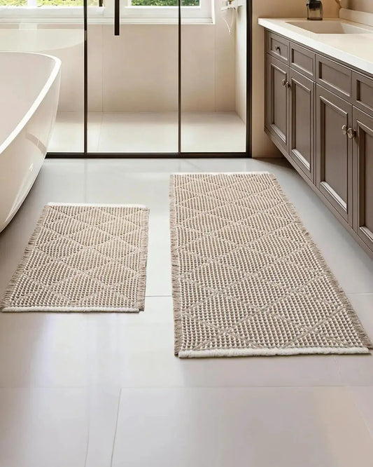 Waffle Bath Mat Set 2 Piece, Non Slip Bathroom Rugs, Ultra Absorbent Machine Washable Floor Mats for Boho Decor, Brown & White from PriceLows™