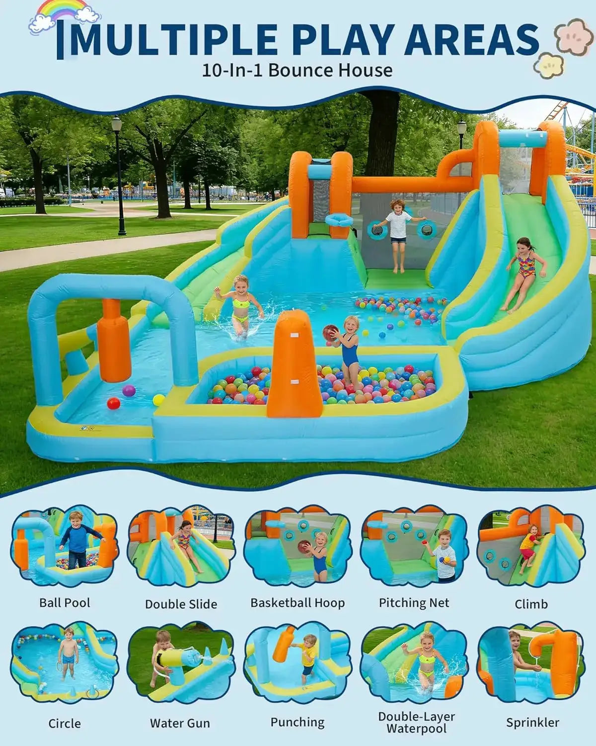 10-in-1 Inflatable Bounce House with Slide & Air Blower, Kids Indoor Outdoor Jump Bouncer Playset for Backyard Birthday Parties from PriceLows™