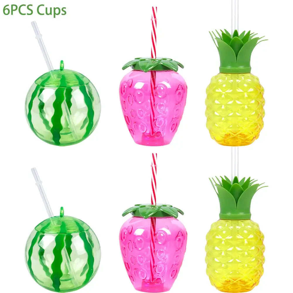 Plastic Drinking Cups | 6-Set Tropical Style | With Straws For Luau Parties