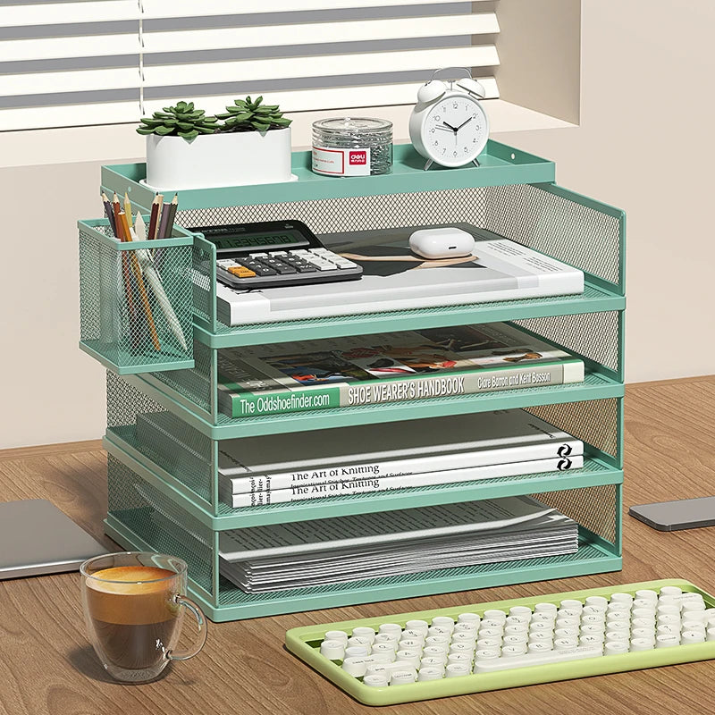Stackable Letter Tray | 4-Tier | Green Metal | Pen Holder Included