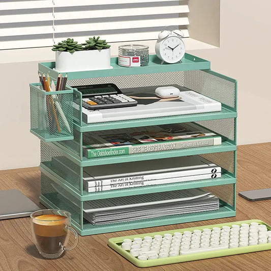 Stackable Letter Tray | 4-Tier | Green Metal | Pen Holder Included from PriceLows™