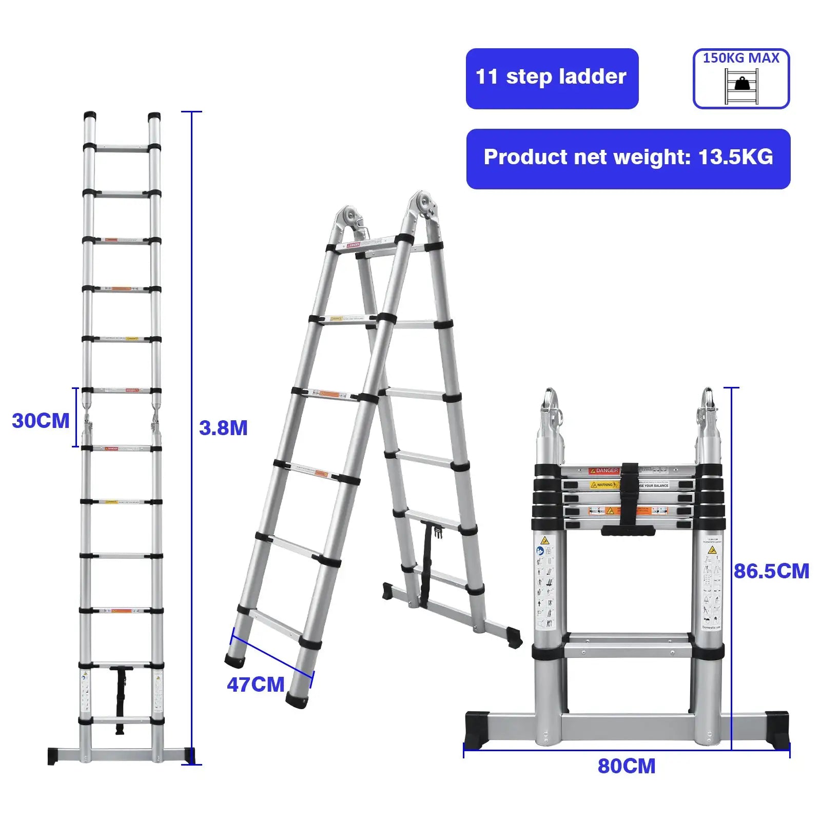 3.8M/5M Aluminium Telescopic Ladder ,Heavy Duty Multi-Purpose A-Frame Sturdy Folding Ladder ,No-slip,150kg Load Capacity from PriceLows™