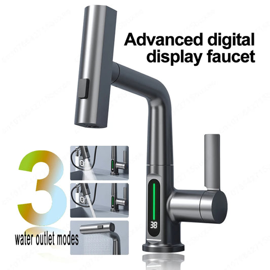 Waterfall Pull Out Kitchen Faucet White Intelligent Digital Display Cold Hot Mixer Taps Rotatable Sink Lifting Basin Faucet from PriceLows™