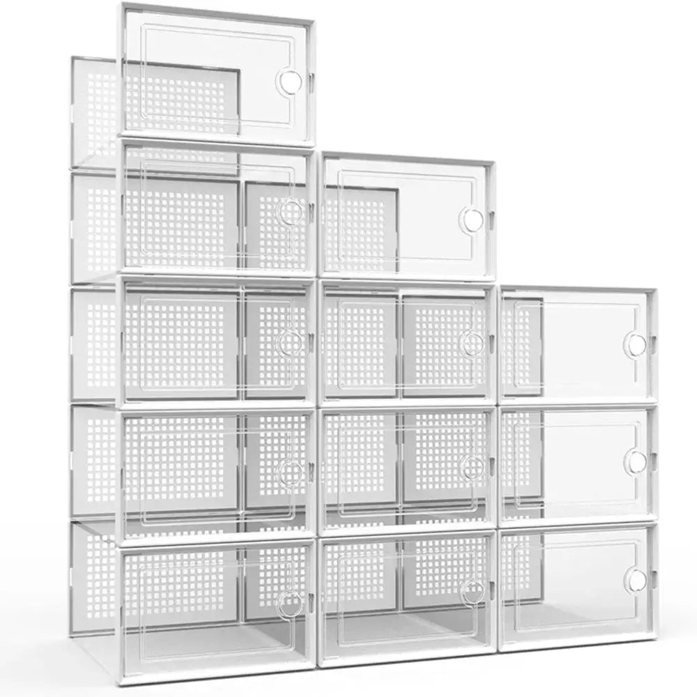 12-Pack Transparent Plastic Stackable Shoe Storage Boxes for Closet Linked Design Sports Shoe Organizers Foldable Shoe Racks from PriceLows™
