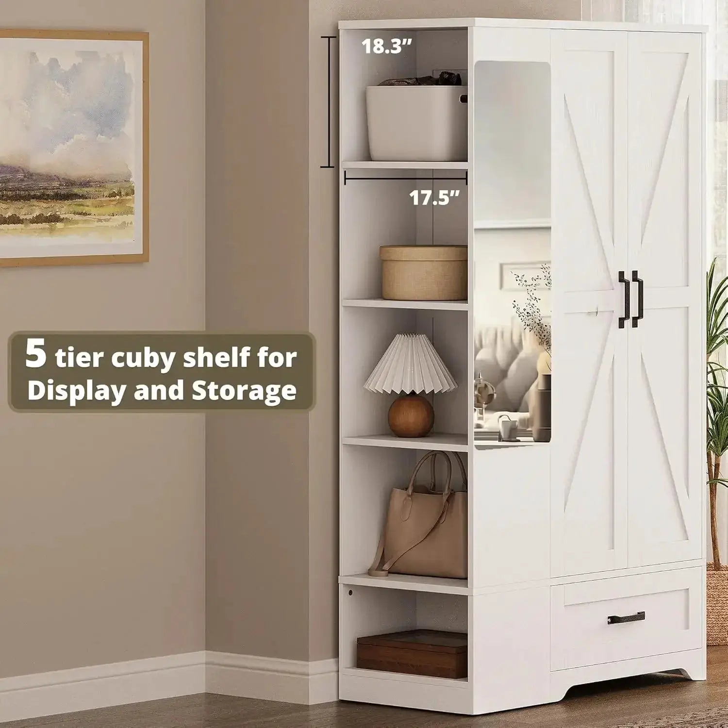 70" Tall Wardrobe Closet with Mirror, Side Shelves & Drawer, Freestanding Armoire with Hanging Rod, Barn Door Storage Cabinet, White from PriceLows™