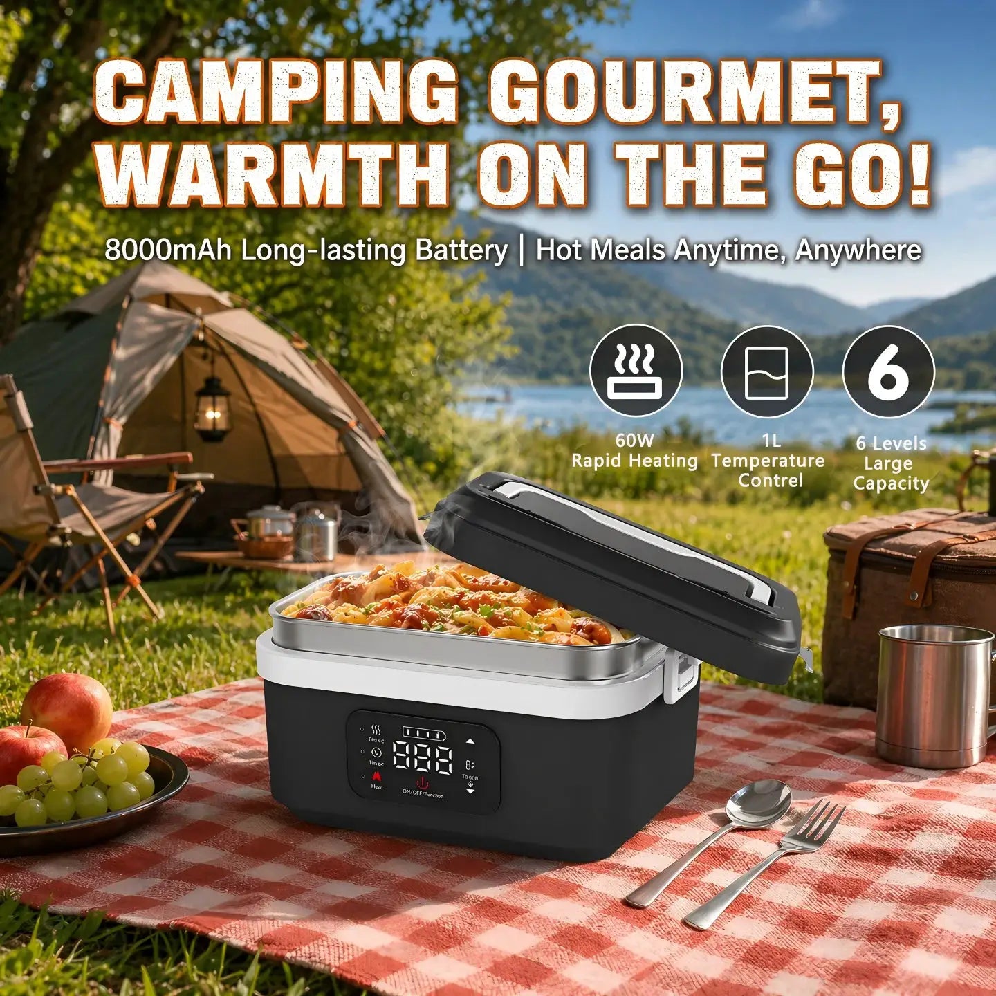 Wireless Heated Lunch Box, 60W Fast Heating 8000mAh Rechargeable Electric Lunch Box, 1L Stainless Steel Portable Food Warmer for Office Work School from PriceLows™