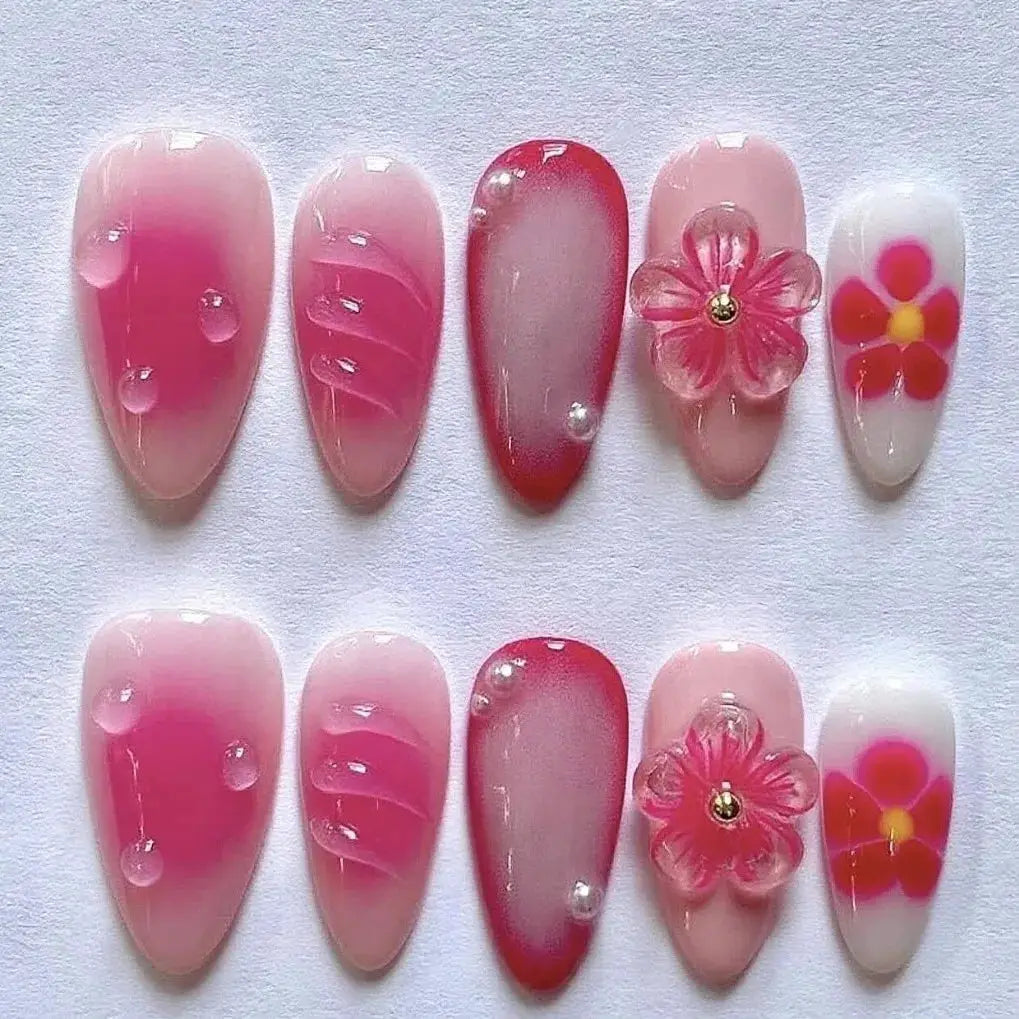 Almond Press On Nails | Acrylic Finish | Pearl Flower Design | 24 Piece Set