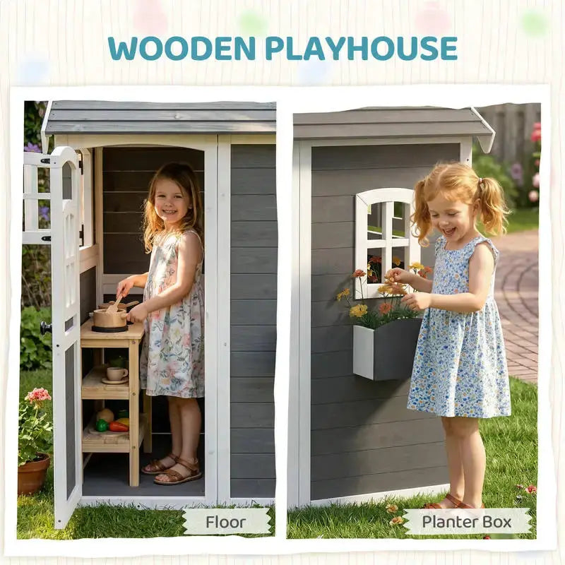 Outsunny Outdoor Wooden Playhouse for Kids with Floor, Door, Windows, Planter Box for 3-8 Years Old, Backyard, Lawn, Garden from PriceLows™