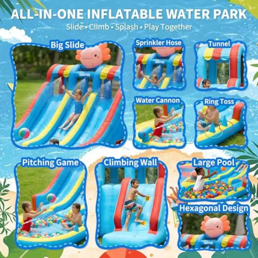 Inflatable Water Park Bounce House for Dual Slides Long Slip Mat Splash Pool Durable Oxford Powerful Blower Hexagonal Dragon Th from PriceLows™