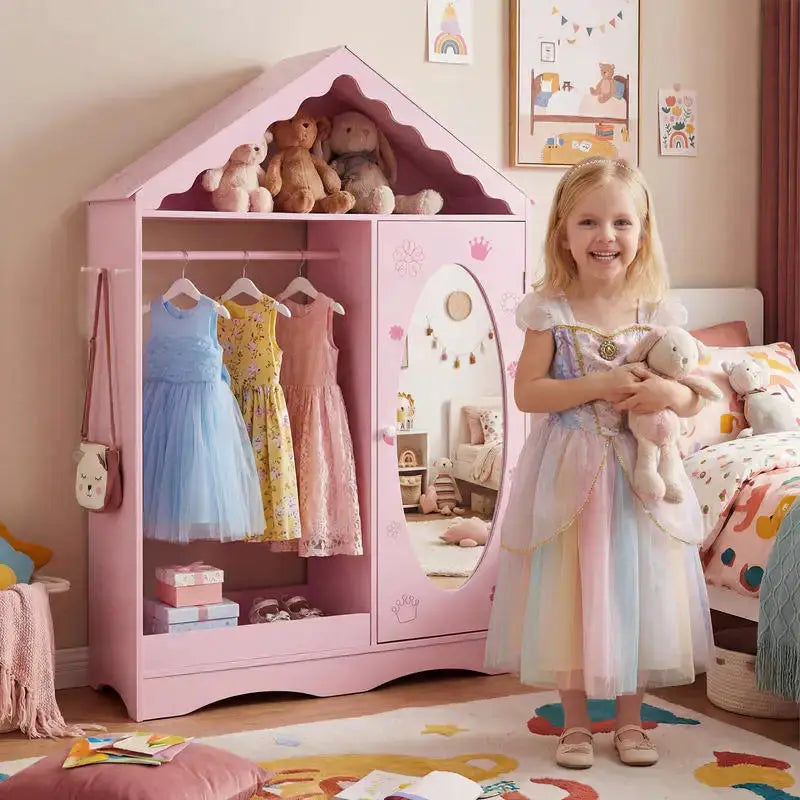 Kids Dress Up Storage with Mirror Roofed Wardrobe Closet with Open Hanging Rack-Pink from PriceLows™