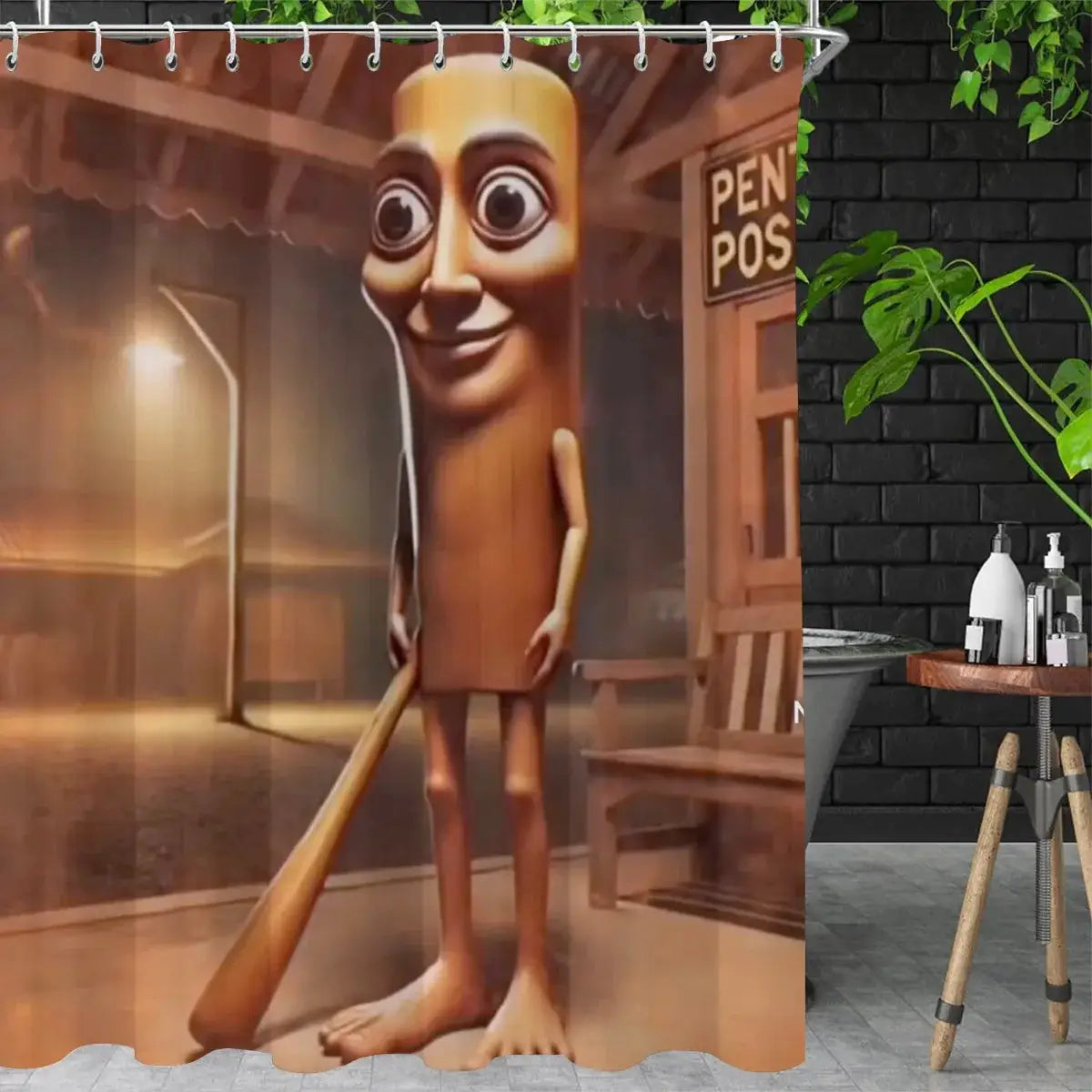 Tung Tung Tung Sahur Shower Curtain, Funny Wooden Stick Man, Meme Character Decor, Novelty Bathroom Art from PriceLows™