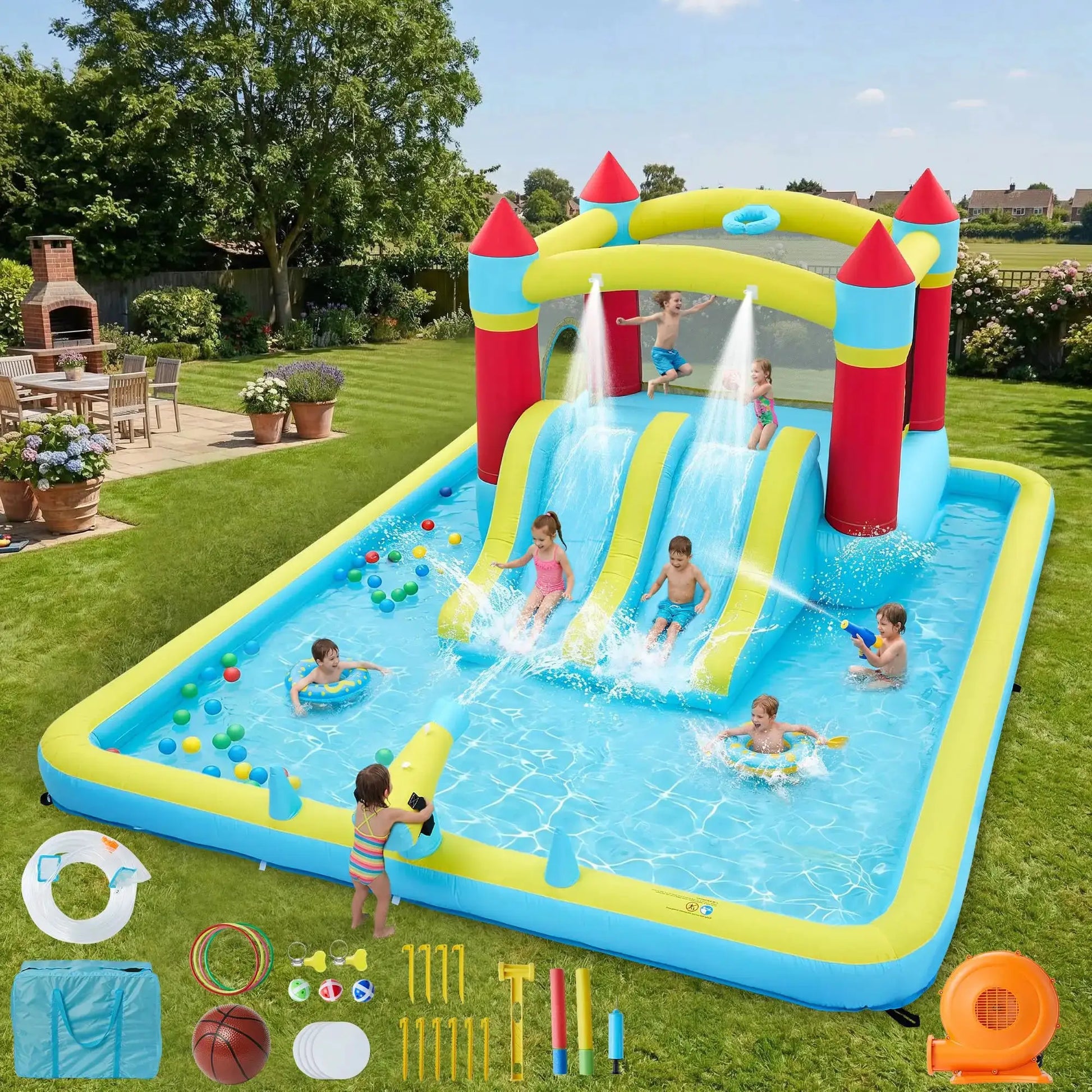 14FT Inflatable Bounce House Jump House For Kids With Slide, 350W Blower, 7-in-1 Indoor Outdoor Water Park Splash Pool from PriceLows™
