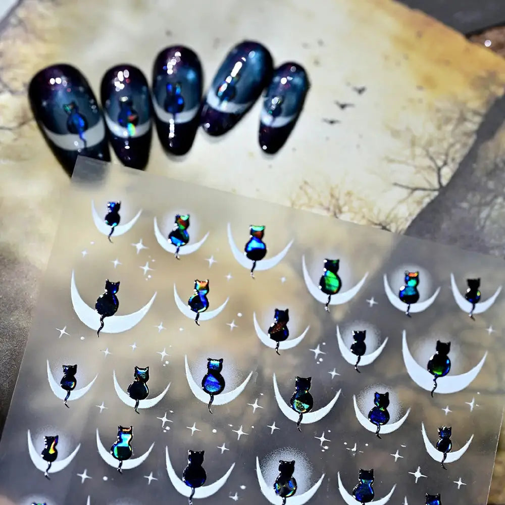 1PC 5D Cartoon Black Cat French Nail Stickers Kawaii Aurora Shell Cat Star Nail Decals 8*10cm Self-Adhesive Manicure Accessories from PriceLows™