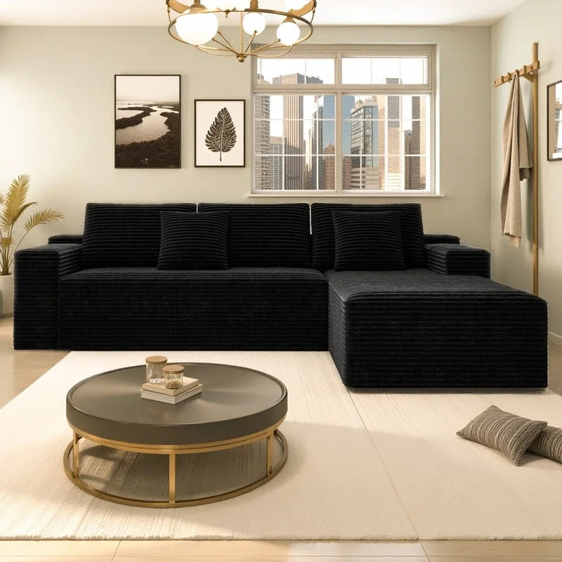 Modular Sectional Sofa | Plush Corduroy Fabric | Black | 2-Piece Configuration