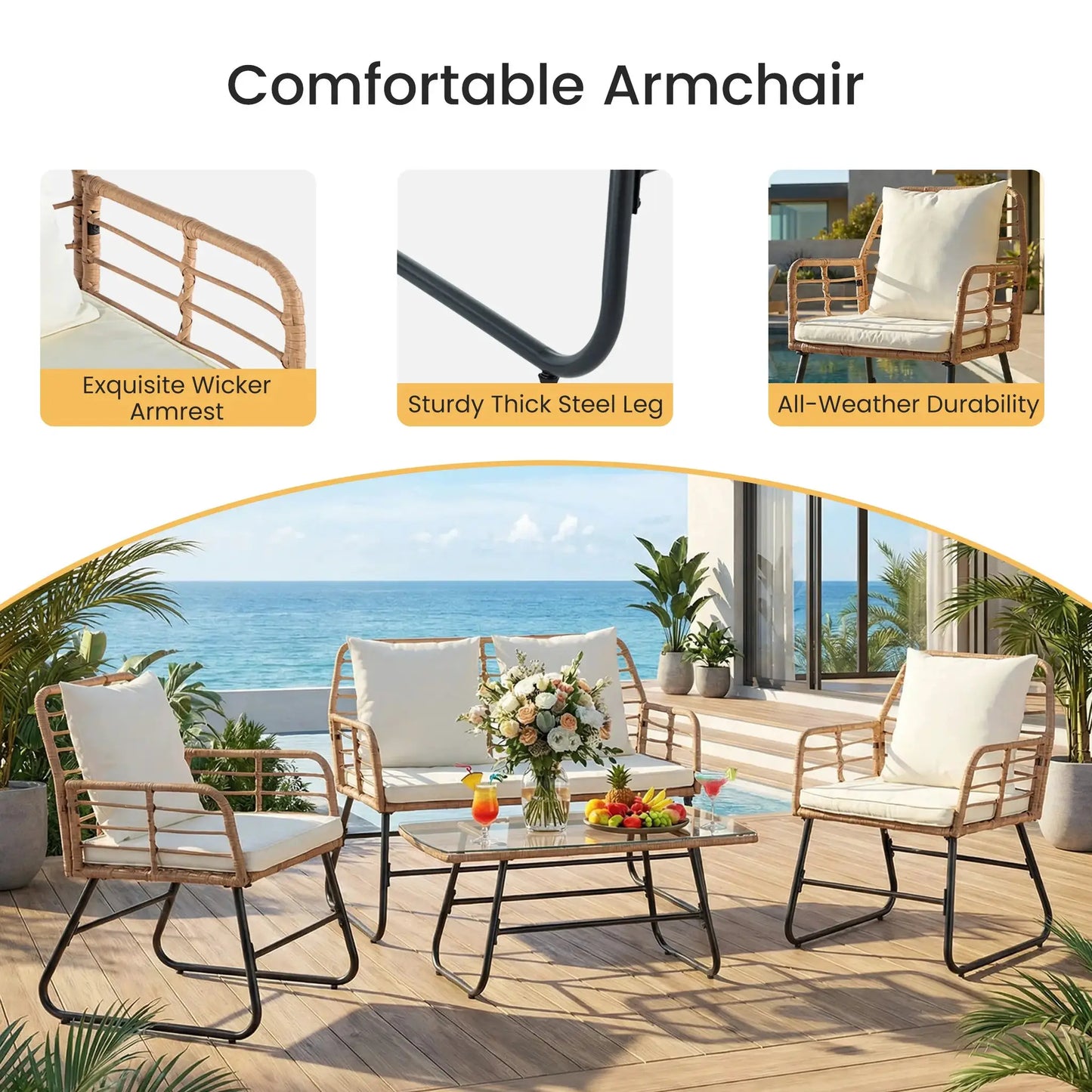 JHK Outdoor Wicker Patio Furniture Set 4 Pieces with Soft Cushion and Glass Table Manual Weaving Patio Chairs For Garden Lawn from PriceLows™