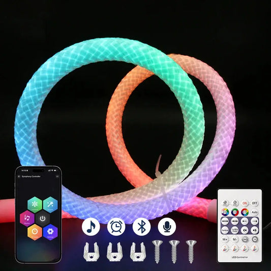 Smart RGBIC 360° Round Neon Rope Light 5V USB 67LEDs/m IP67 Flexible Tube with Remote & APP Control Dream Color for Room Decor from PriceLows™
