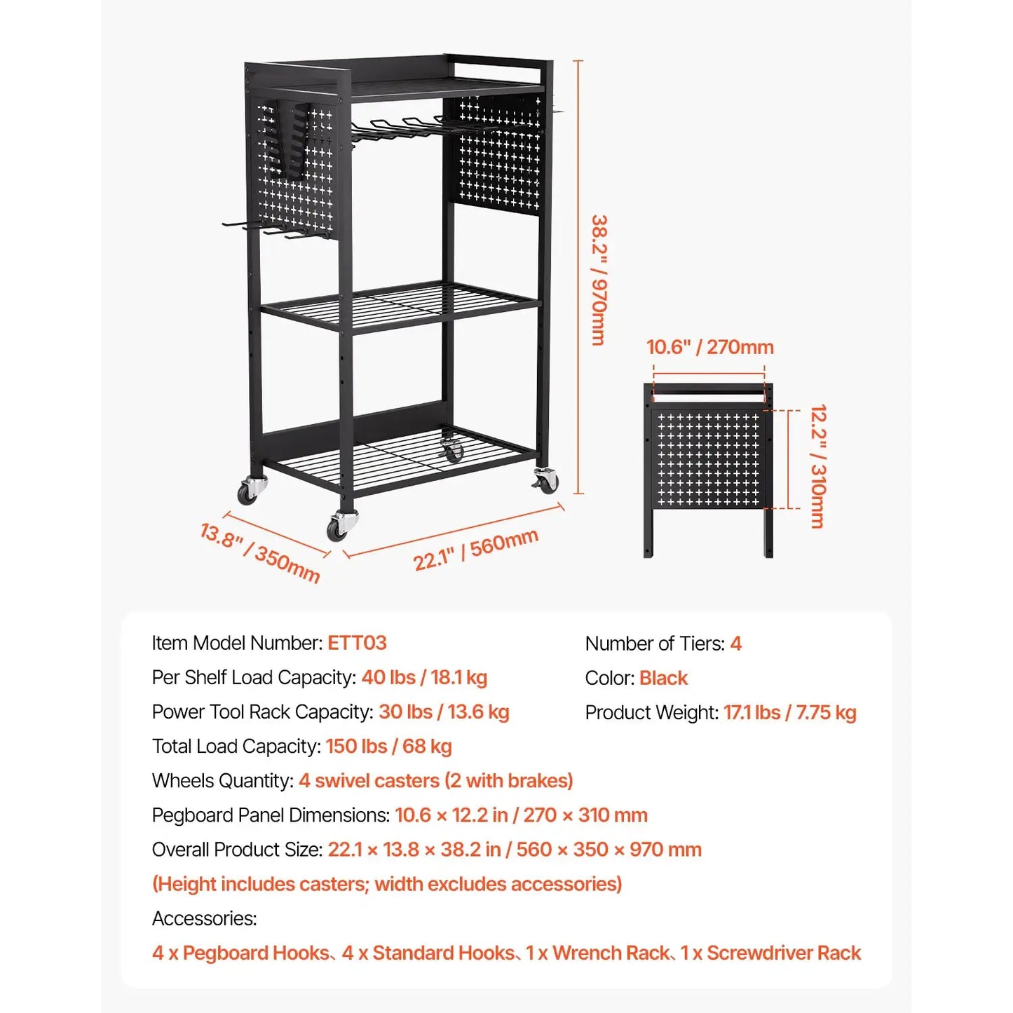 SucceBuy 4-tier Rolling Tool Organizer Cart 150 lbs Garage Floor Stand Storage Cart on Wheels Drill Holder Rack for Workshop from PriceLows™