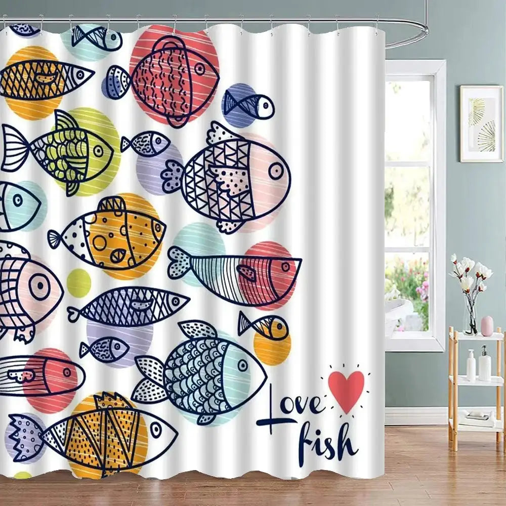 Colorful Cartoons Fish Shark Shower Curtains Ocean Life Children's Bathroom Home Decor Cloth Curtain Set Waterproof Bath Screens from PriceLows™