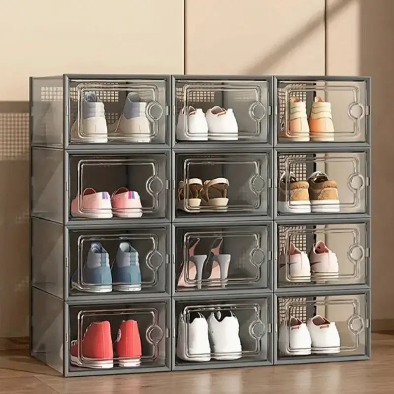 12-Pack Transparent Plastic Stackable Shoe Storage Boxes for Closet Linked Design Sports Shoe Organizers Foldable Shoe Racks from PriceLows™