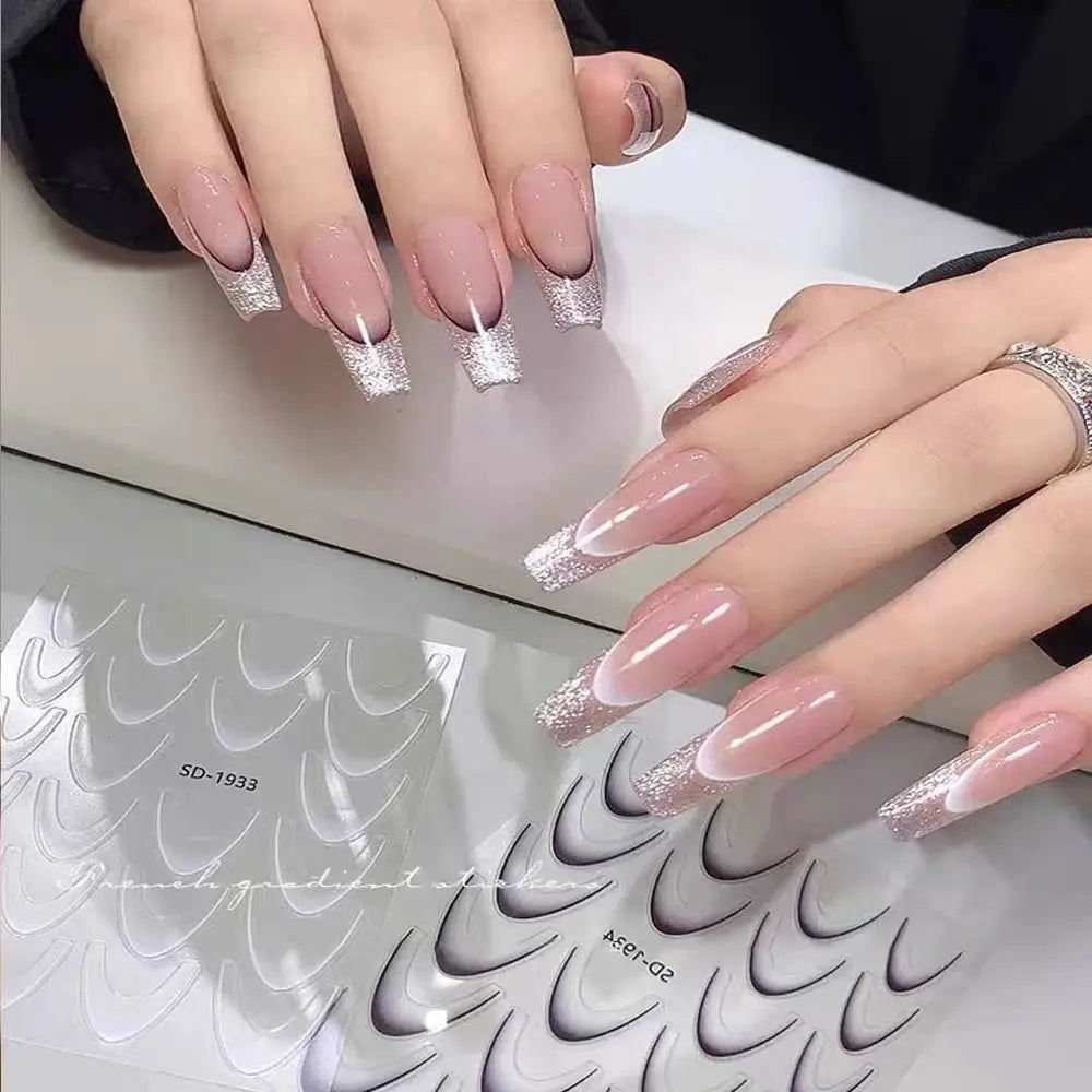 2Sheets French Gradient Line Nail Art Stickers 3D Self-Adhesive White+Black Slider Design Stencil Manicure Guides DIY Nail Decor from PriceLows™