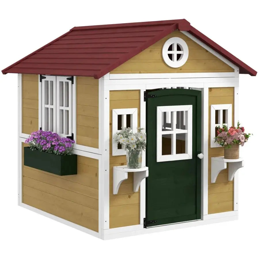 Wooden Playhouse for Outdoor Doors Windows Planter Pots Beige Toddlers 3-8 Years from PriceLows™