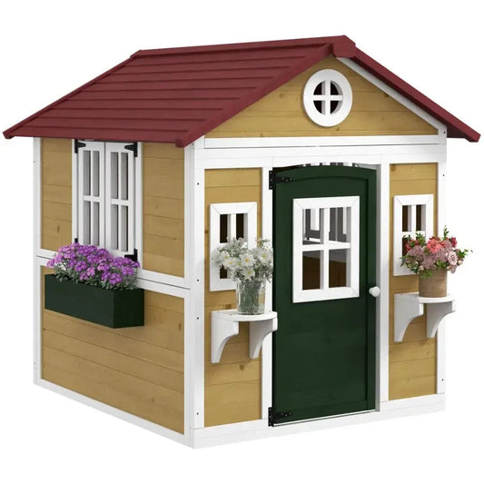Wooden Playhouse for Outdoor Doors Windows Planter Pots Beige Toddlers 3-8 Years from PriceLows™