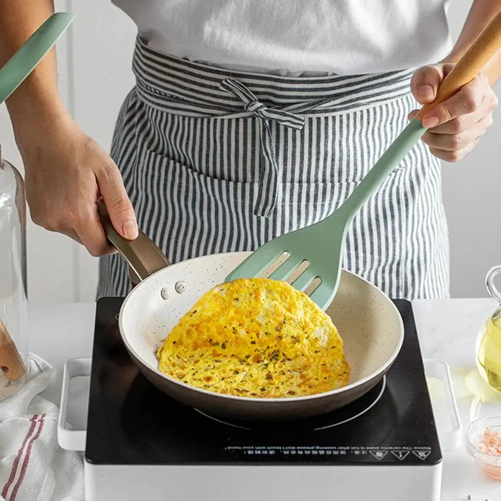 Silicone Spatula Set | Wooden Handle | Nonstick Design | 5 Piece White