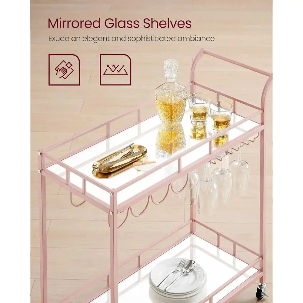 Rose Gold Home Bar Cart with 2 Mirrored Shelves, Wine & Glass Holders for Kitchen or Dining Room from PriceLows™