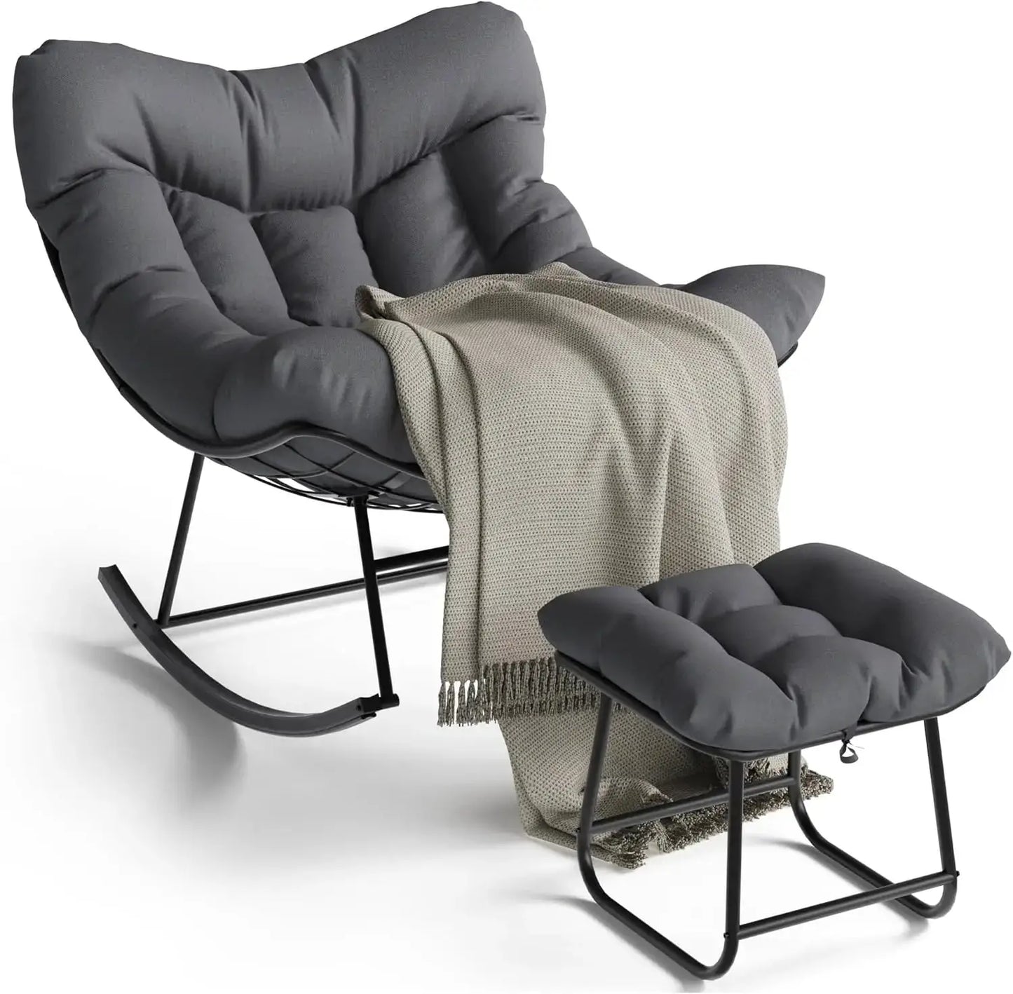 Outdoor Oversized Papasan Rocking Chair with Footrest, Patio Lounge Chair Rattan Egg Rocker for Balcony Backyard Porch Bedroom from PriceLows™