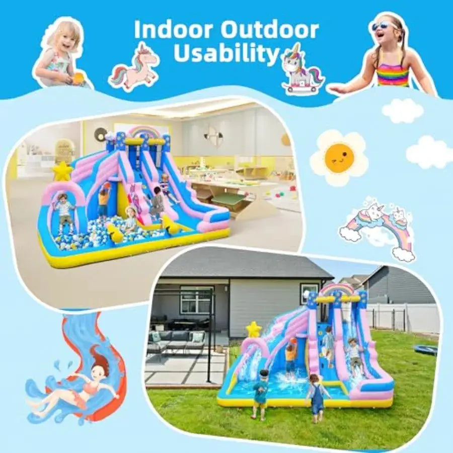 Inflatable Water Slide: 6-in-1 Bounce House Water Park for Outdoor Backyard Birthday Party PVC, Blue/Red, Heavy-Duty Vinyl with from PriceLows™