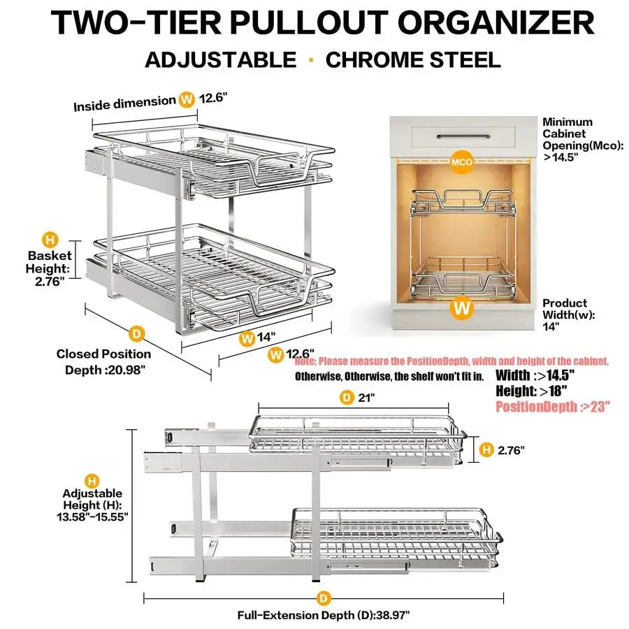 2Tier Kitchen Cabinet Pull Out Shelf and Drawer Organizer Slide Out Pantry Storaqe Basket in Multiple Sizes 14 W x 21 D from PriceLows™