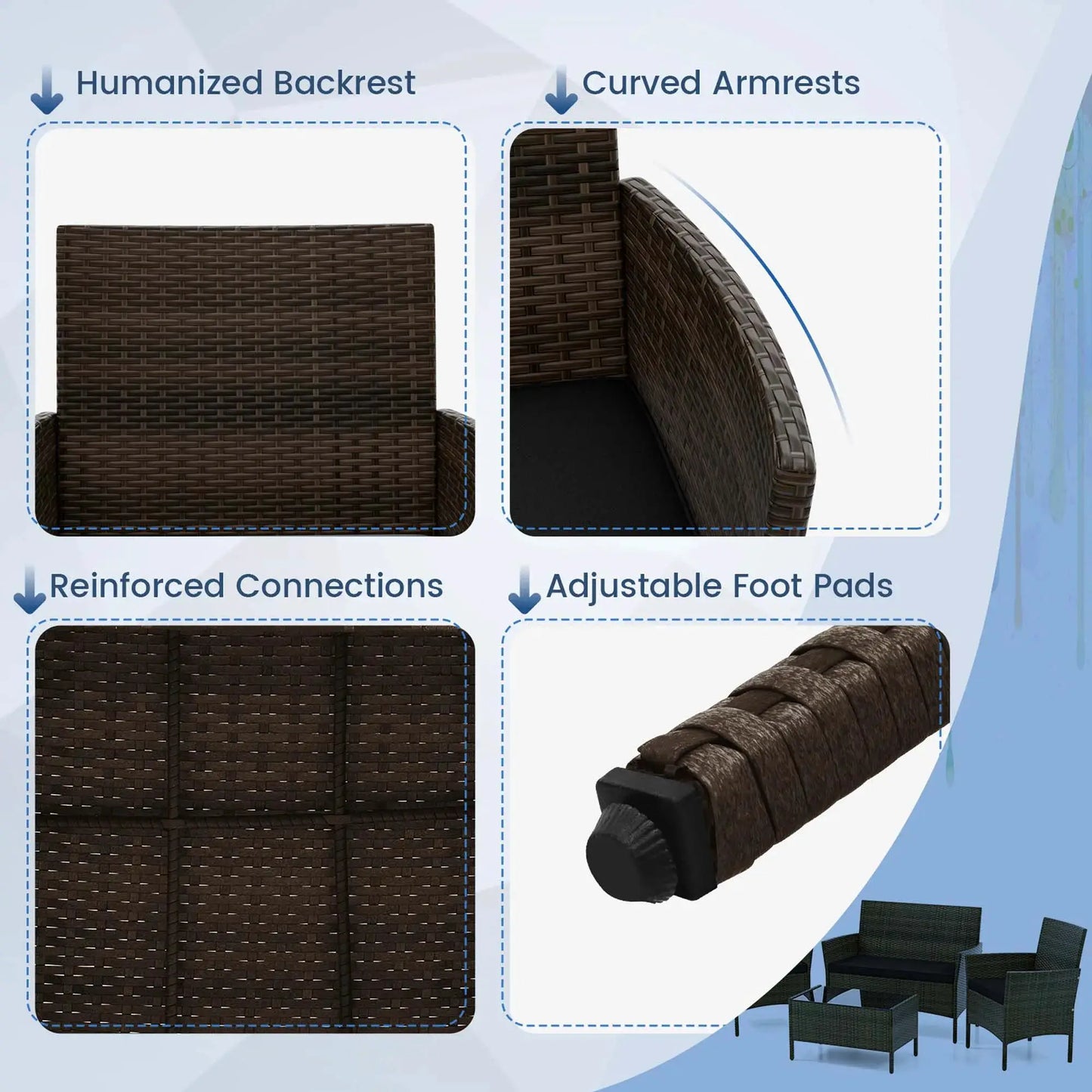 4 PCS Patio Furniture Set with Washable Cushions and Tempered Glass Coffee Table Black from PriceLows™