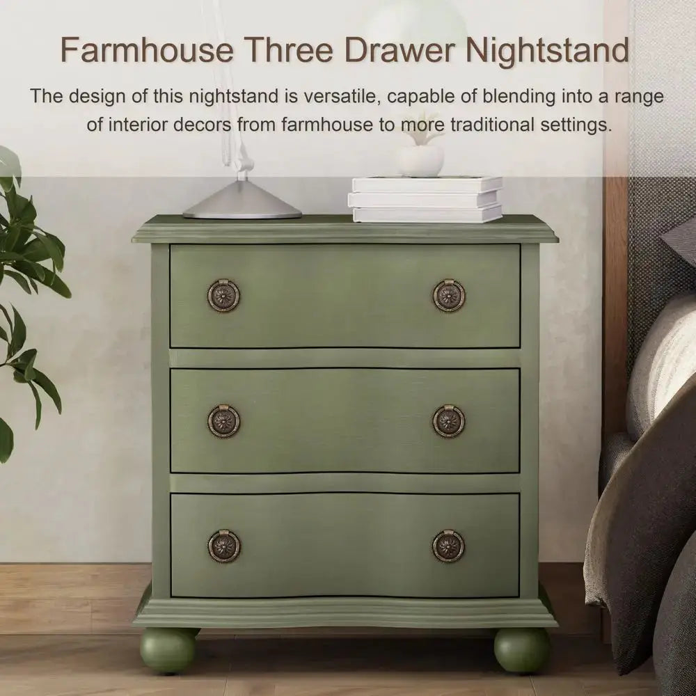 Farmhouse 3 Drawer Nightstand with Distressed Wood Finish, Rustic Vintage Small Dresser with Curved Front Design, Solid Pine Ba from PriceLows™