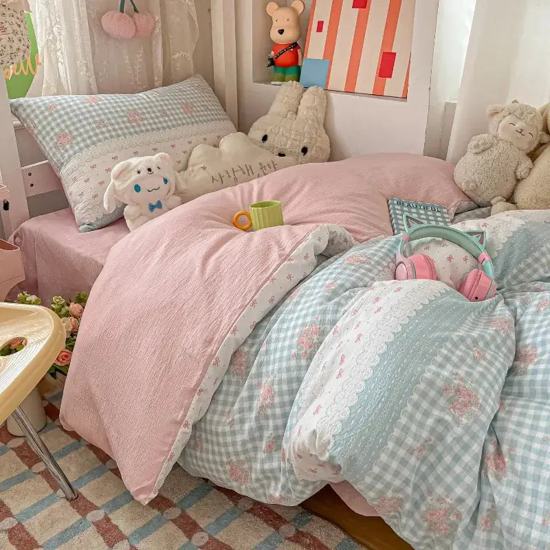 Cartoon color plaid bed sheet four-piece set student cute soft quilt cover dormitory three-piece set from PriceLows™